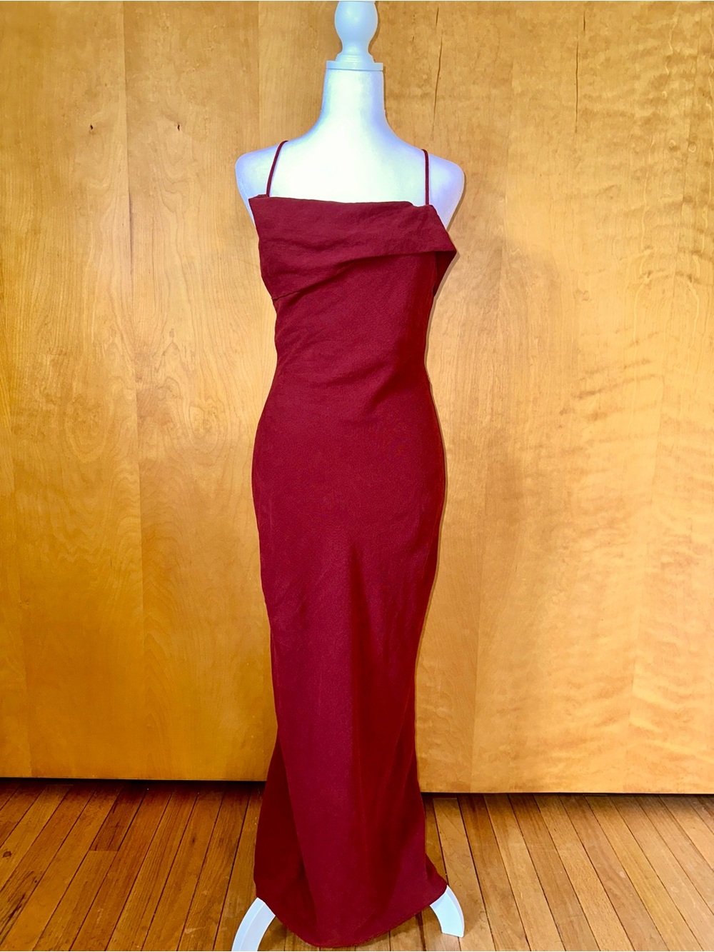 Zara Wine Red Cowl-Neck Linen-Like Maxi Dress